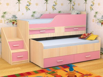 Кровать детская Лесики двухместная 1.8  Дуб молочный/Розовый в Саянском - sayanskij.mebel54.com | фото