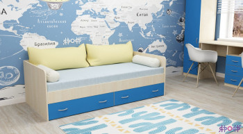 Кровать с выкатными ящиками Дуб молочный/Голубой в Саянском - sayanskij.mebel54.com | фото