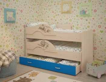 Кровать выкатная Радуга-Сафари детская 1600 Млечный дуб/Голубой в Саянском - sayanskij.mebel54.com | фото