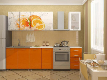 Кухонный гарнитур 1,6м Апельсин (Белый/Оранжевый металлик/Фотопечать апельсин) в Саянском - sayanskij.mebel54.com | фото